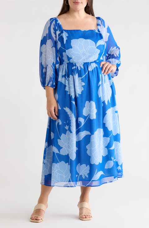 Seabloom Floral Amaretto Puff Long Sleeve Dress (Plus)
