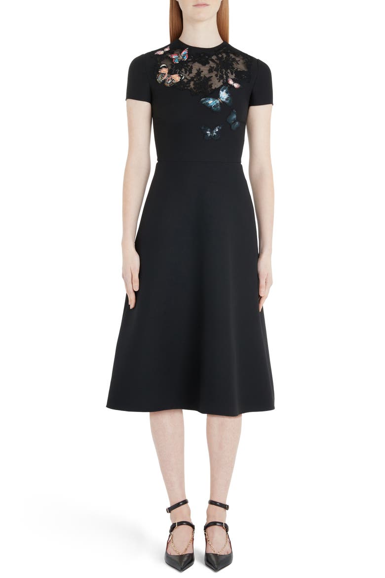 Butterfly Embroidered Lace Panel Midi Dress, Main, color, 0NO-BLACK