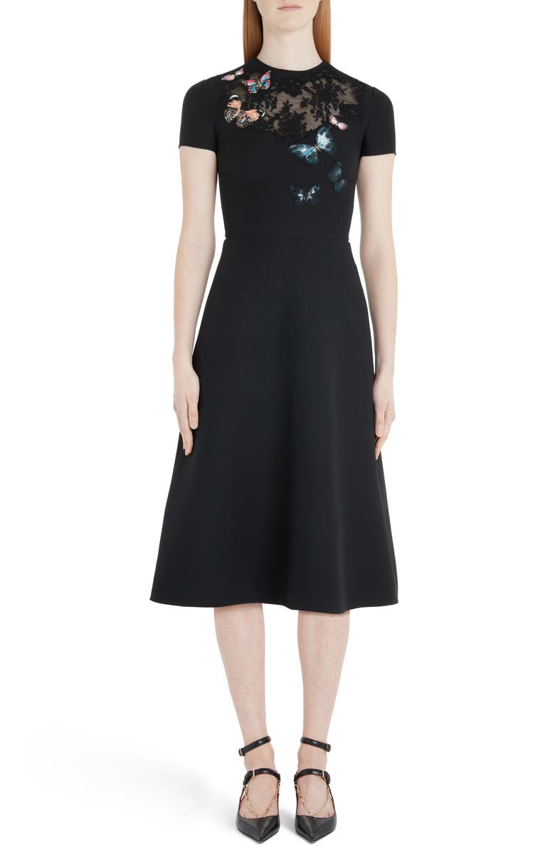Valentino Butterfly Embroidered Lace Panel Midi Dress, Main, color,