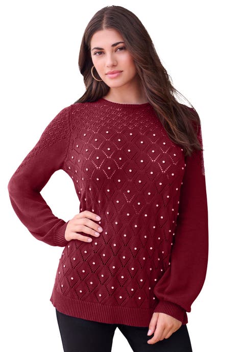Rhinestone Pointelle Knit Sweater (Plus)