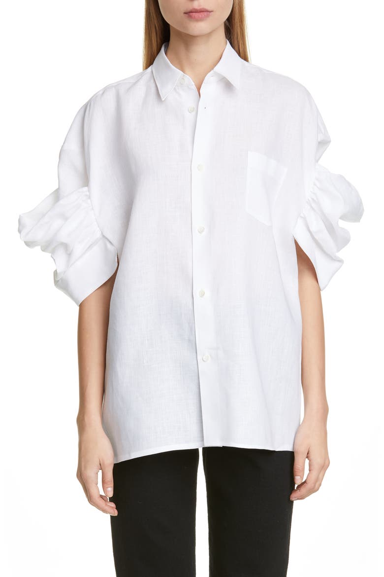 Puff Sleeve Linen Shirt, Main, color, WHITE X INDIGO