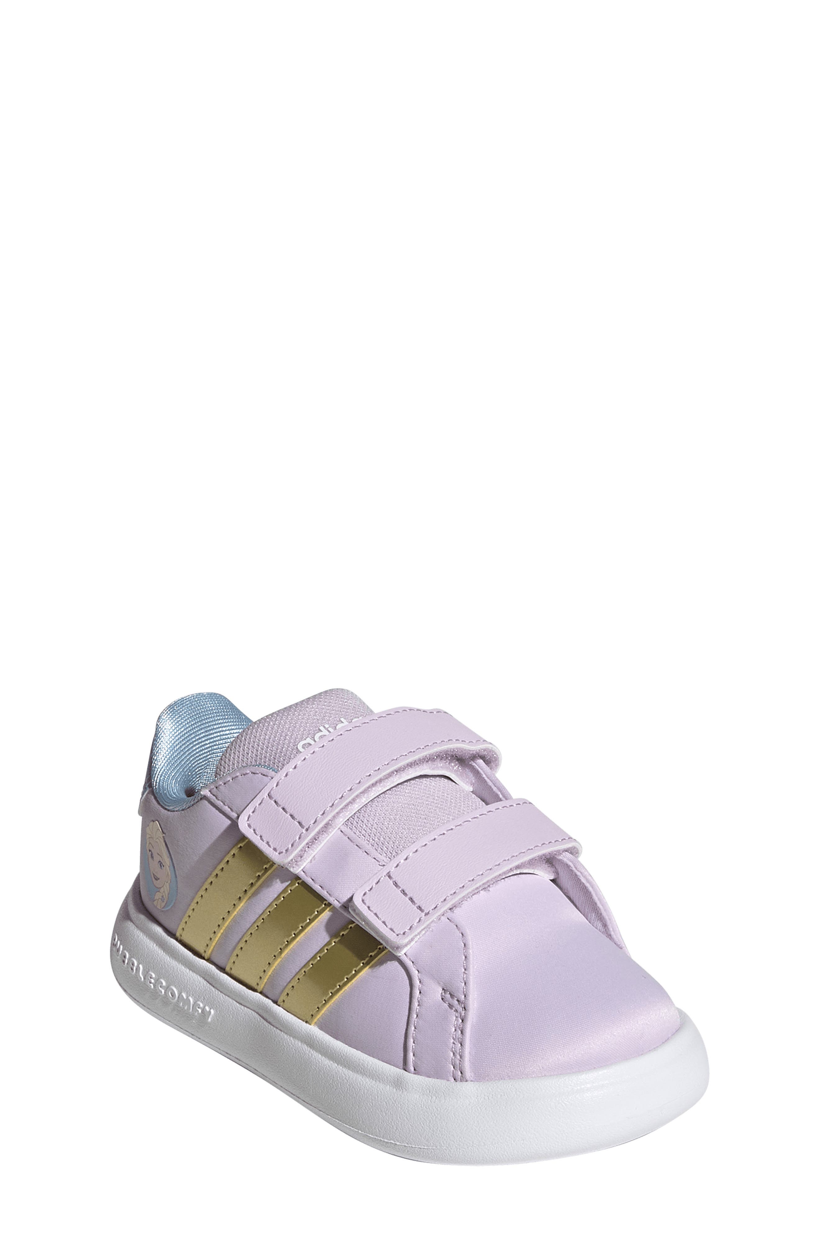 adidas x Disney<sup>®</sup> Kids' Grand Court Elsa Sneaker, Main, color, Lavender/ Gold/ Blue