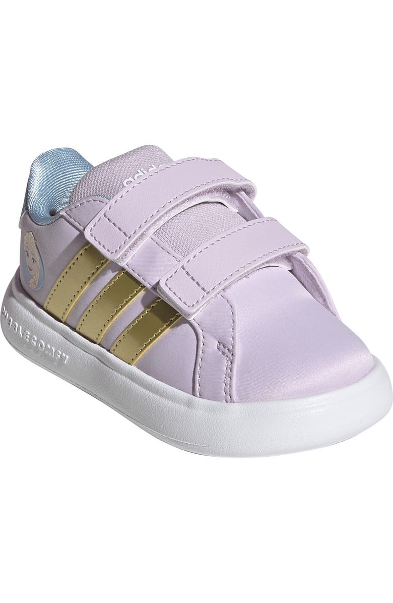 adidas x Disney<sup>®</sup> Kids' Grand Court Elsa Sneaker, Main, color, Lavender/ Gold/ Blue