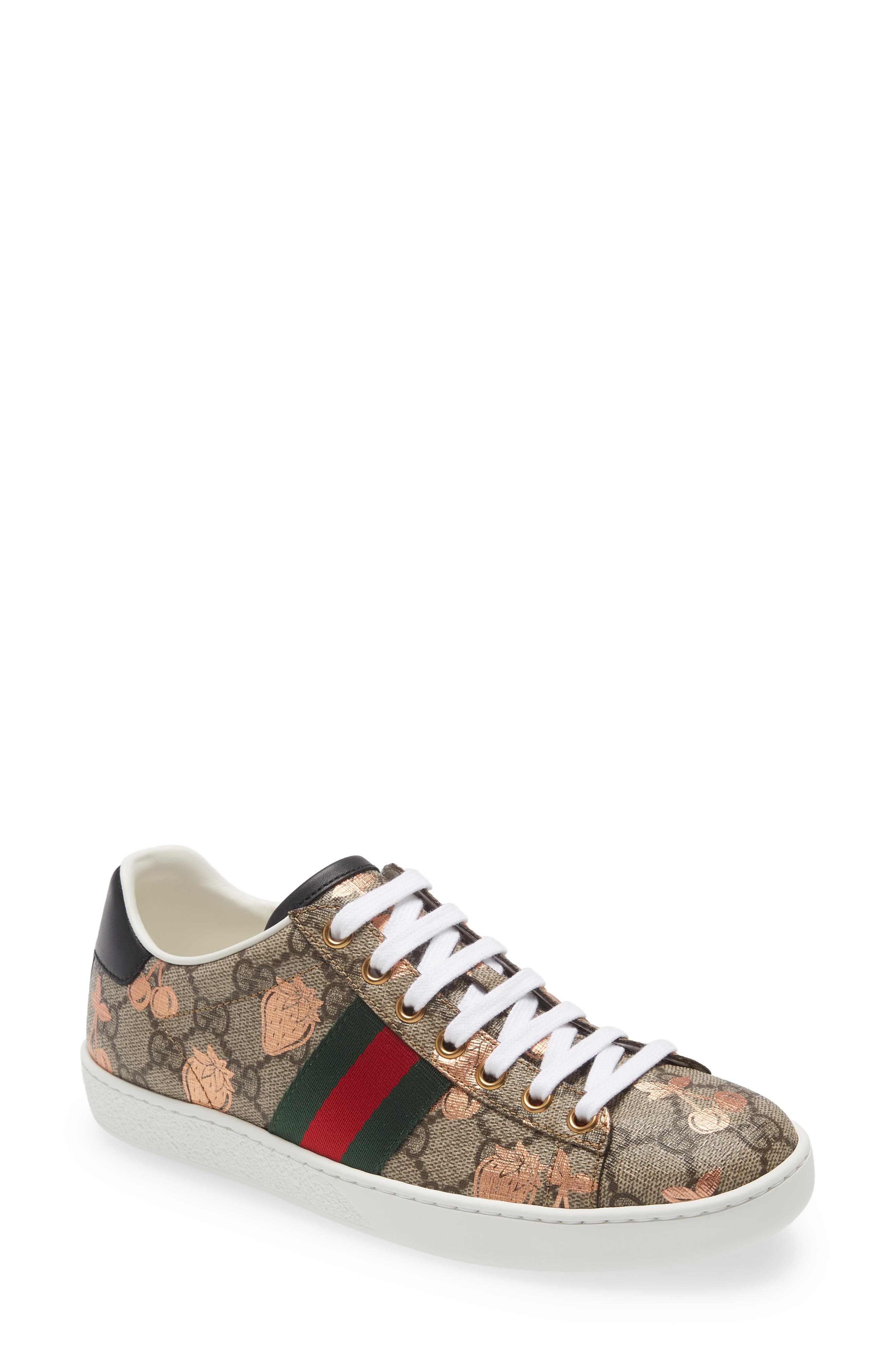 Gucci New Ace Metallic Berry Print Sneaker, Main, color, 