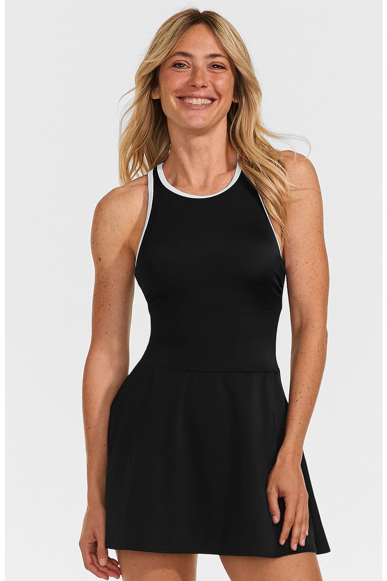 Plus Size Tugless High Neck Swim Dress Swimsuit, Main, color, Black/White