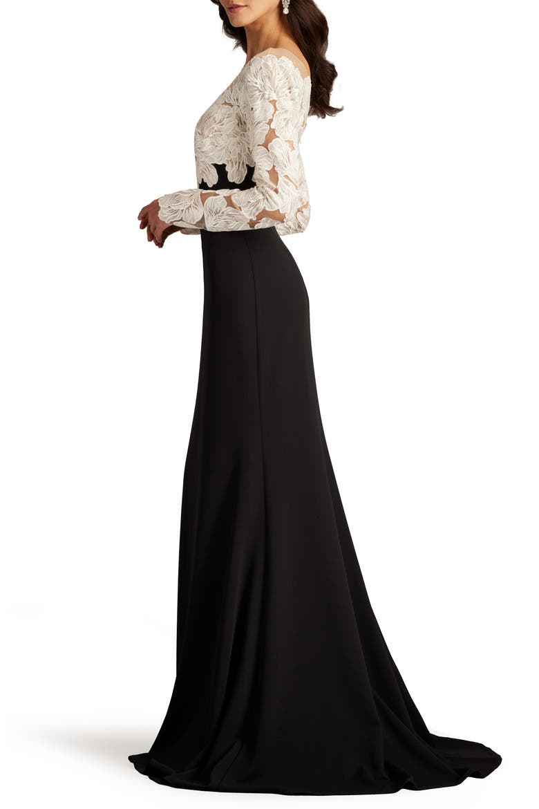 Floral Lace Bodice Mixed Media Long Sleeve Gown, Alternate, color, IVORY/ BLACK