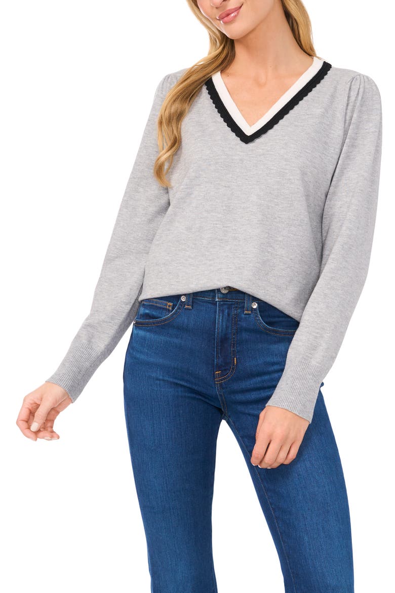 Scalloped Trim V-Neck Sweater, Main, color, LT HTHR GREY