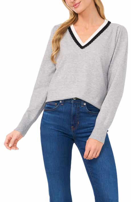 CeCe Scalloped Trim V-Neck Sweater