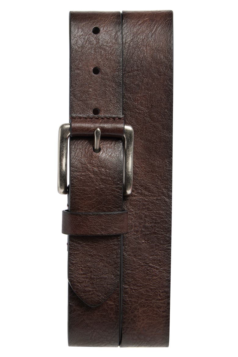 Roller Buckle Leather Belt, Main, color, BROWN