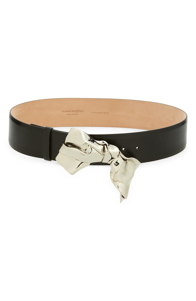 McQueen Metal Bow Calfskin Leather Belt, Main, color,