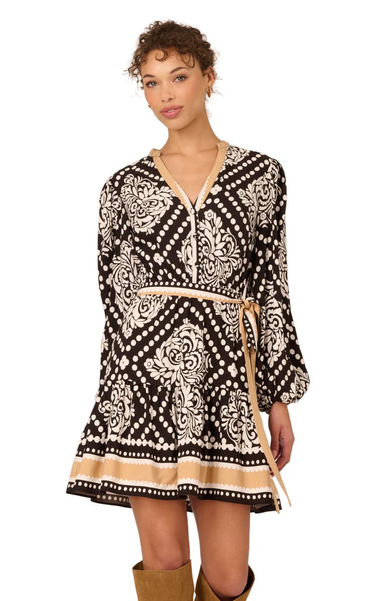 Adrianna Papell Mixed Print Long Sleeve Dress, Alternate, color, Black/ Ivory