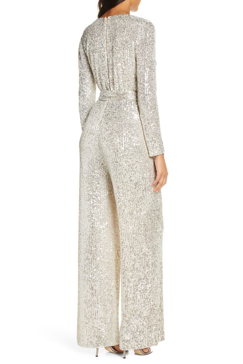 Sequin Wrap Front Long Sleeve Jumpsuit, Alternate, color, SILVER