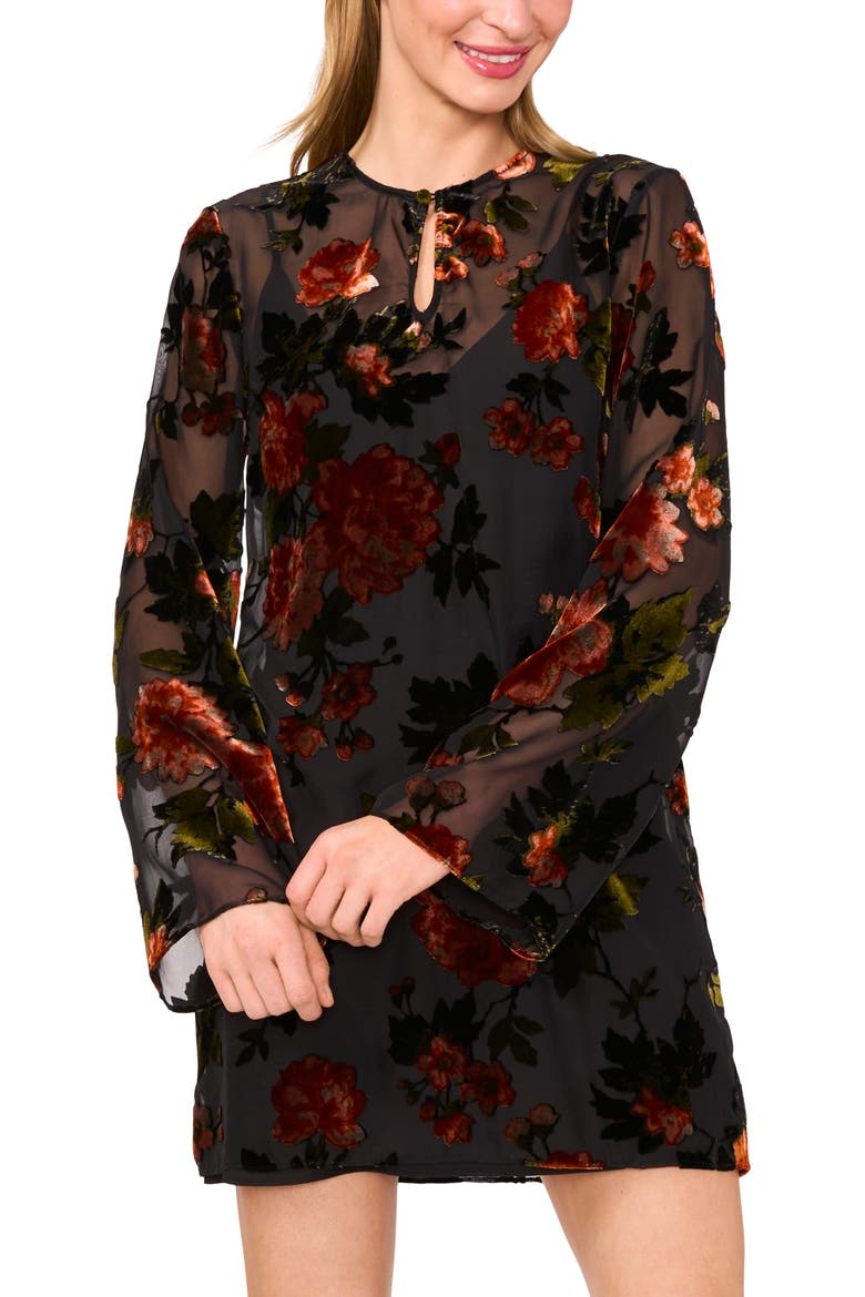 Floral Velvet Burnout Long Sleeve Minidress, Alternate, color, RICH BLACK