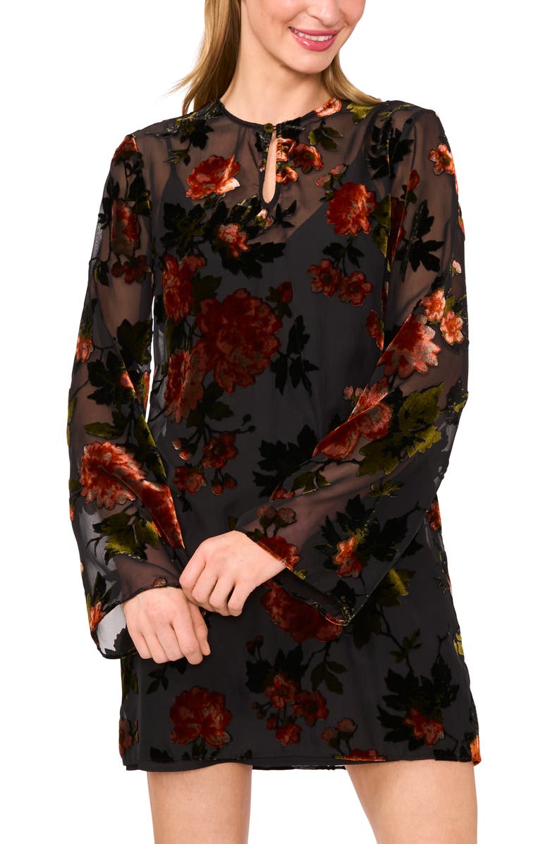 Ted Baker Floral Velvet Burnout Long Sleeve Minidress, Alternate, color, Rich Black