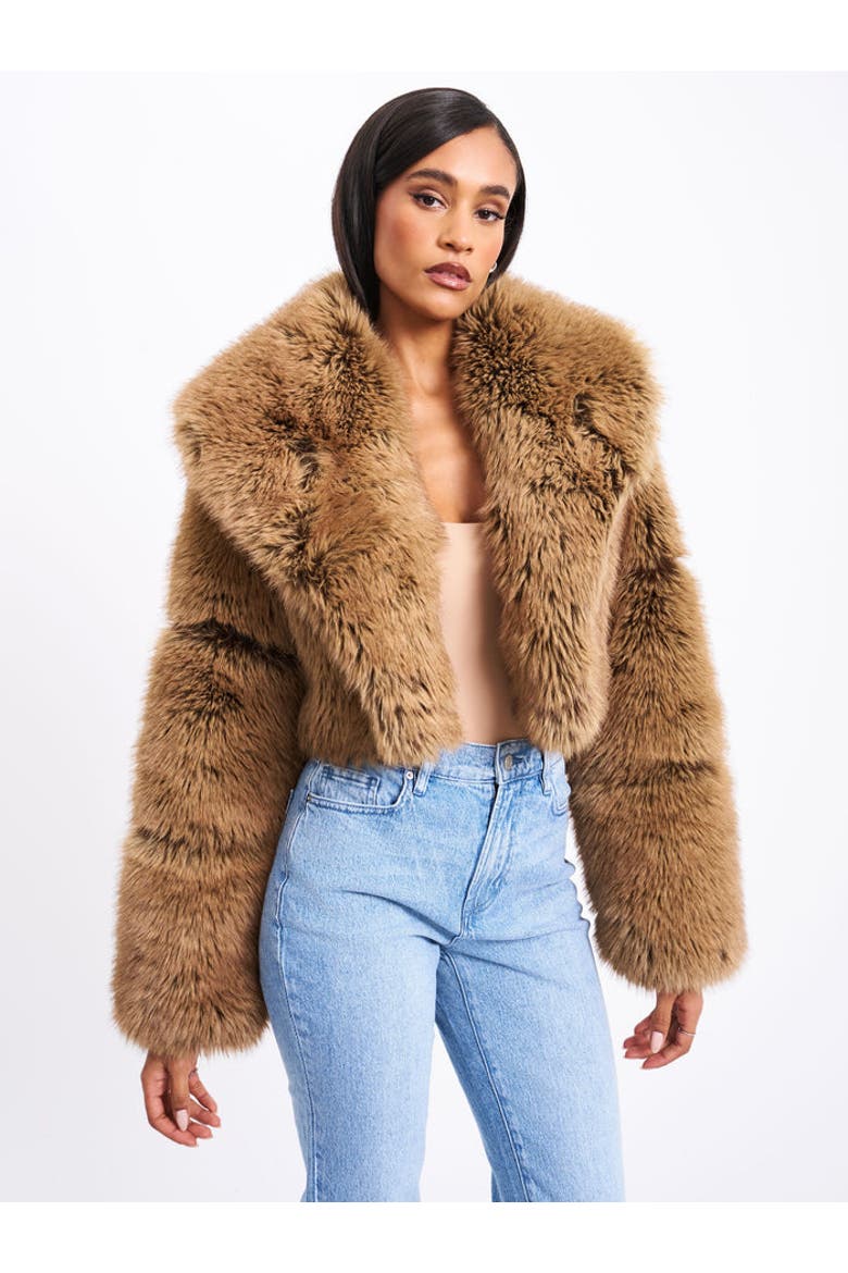 Yadavi Plush Vegan Faux Fur Cropped Jacket, Alternate, color, Brown