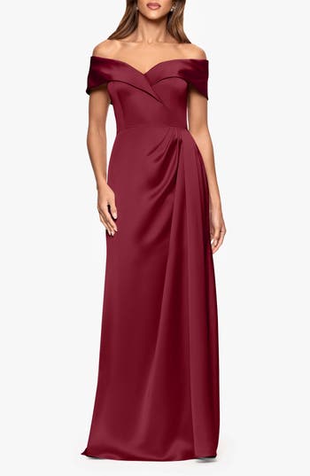 Xscape Evenings Off The Shoulder Satin Gown In Wine