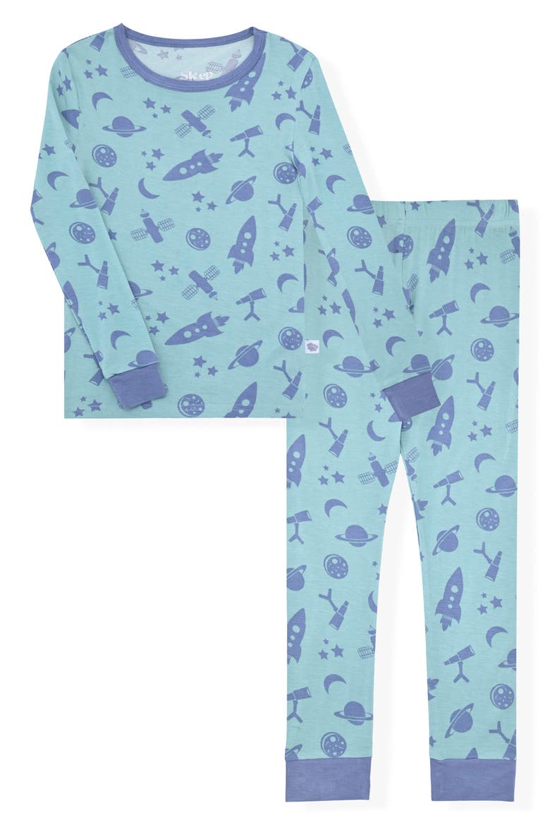 Fitted Long Sleeve Two-Piece Pajamas, Main, color, GREEN/ BLUE
