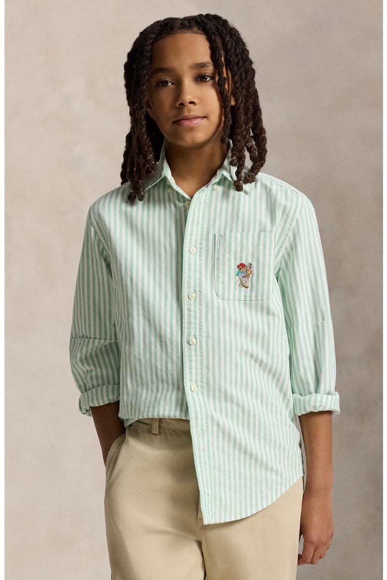 Kids' Stripe Embroidered Cotton Oxford Button-Down Shirt, Alternate, color, MULTI