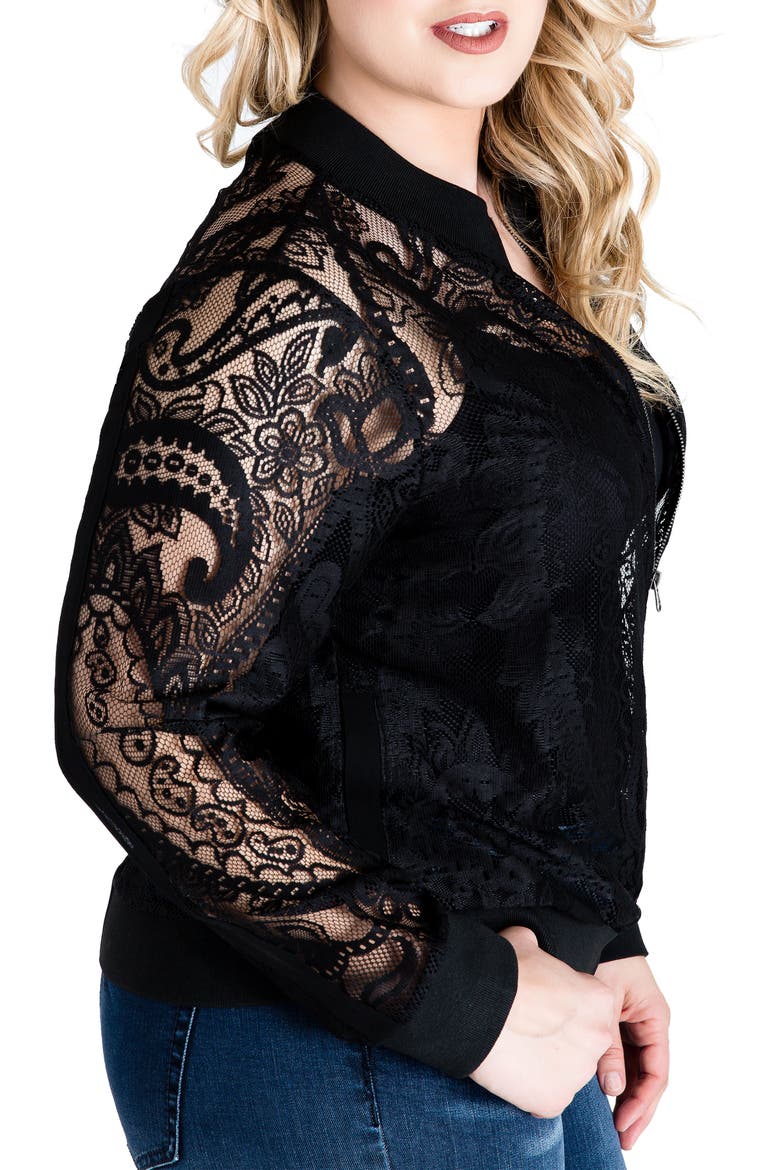 Aria Lace Bomber Jacket, Alternate, color, BLACK