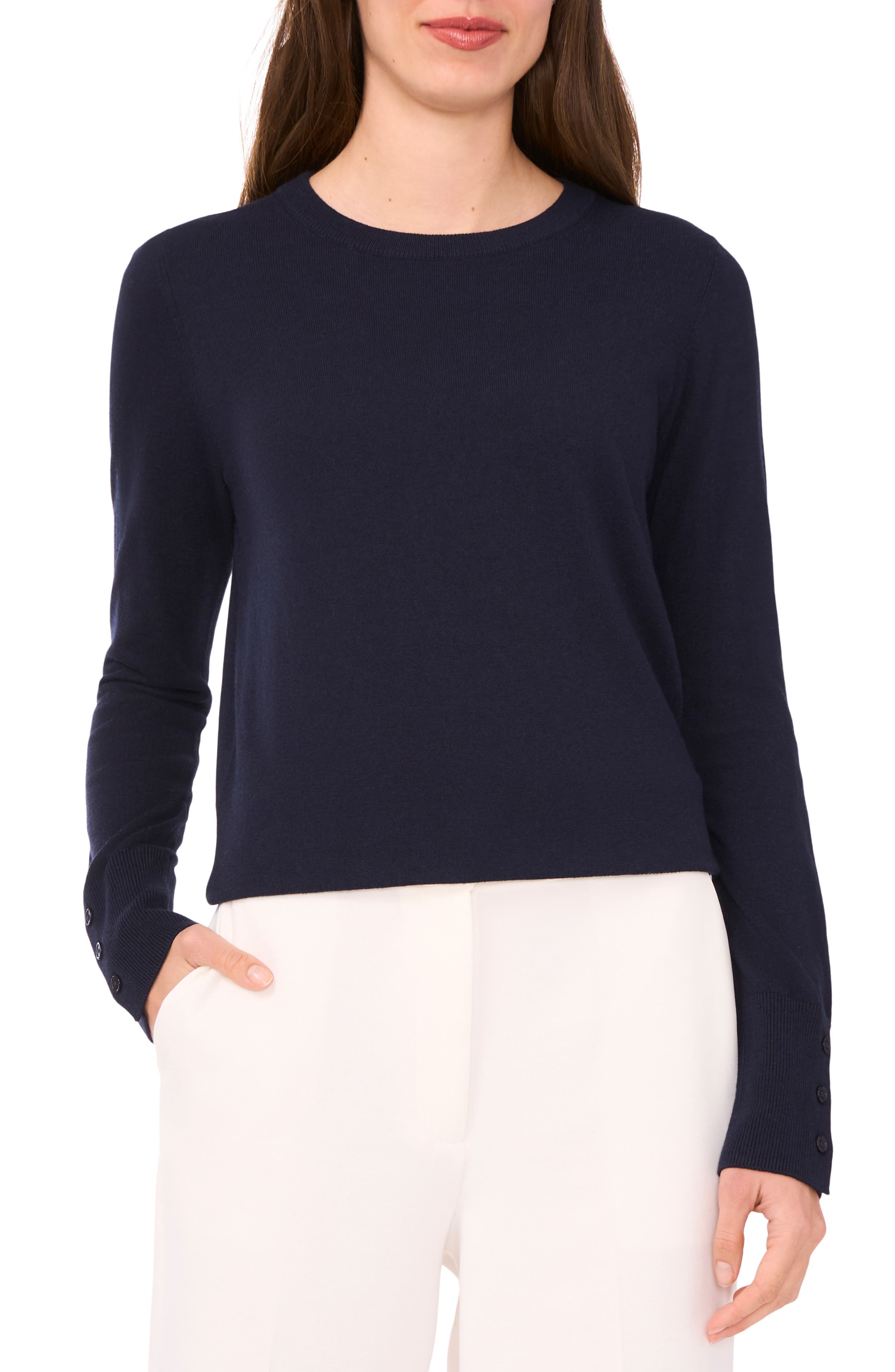 Halogen® Button Cuff Crewneck Sweater