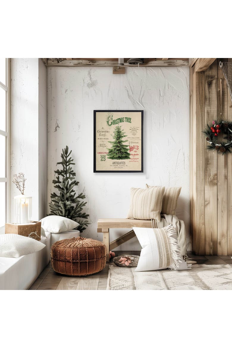 Vintage Painting of a Christmas Tree on a distressed bookplate background, Alternate, color, Beige