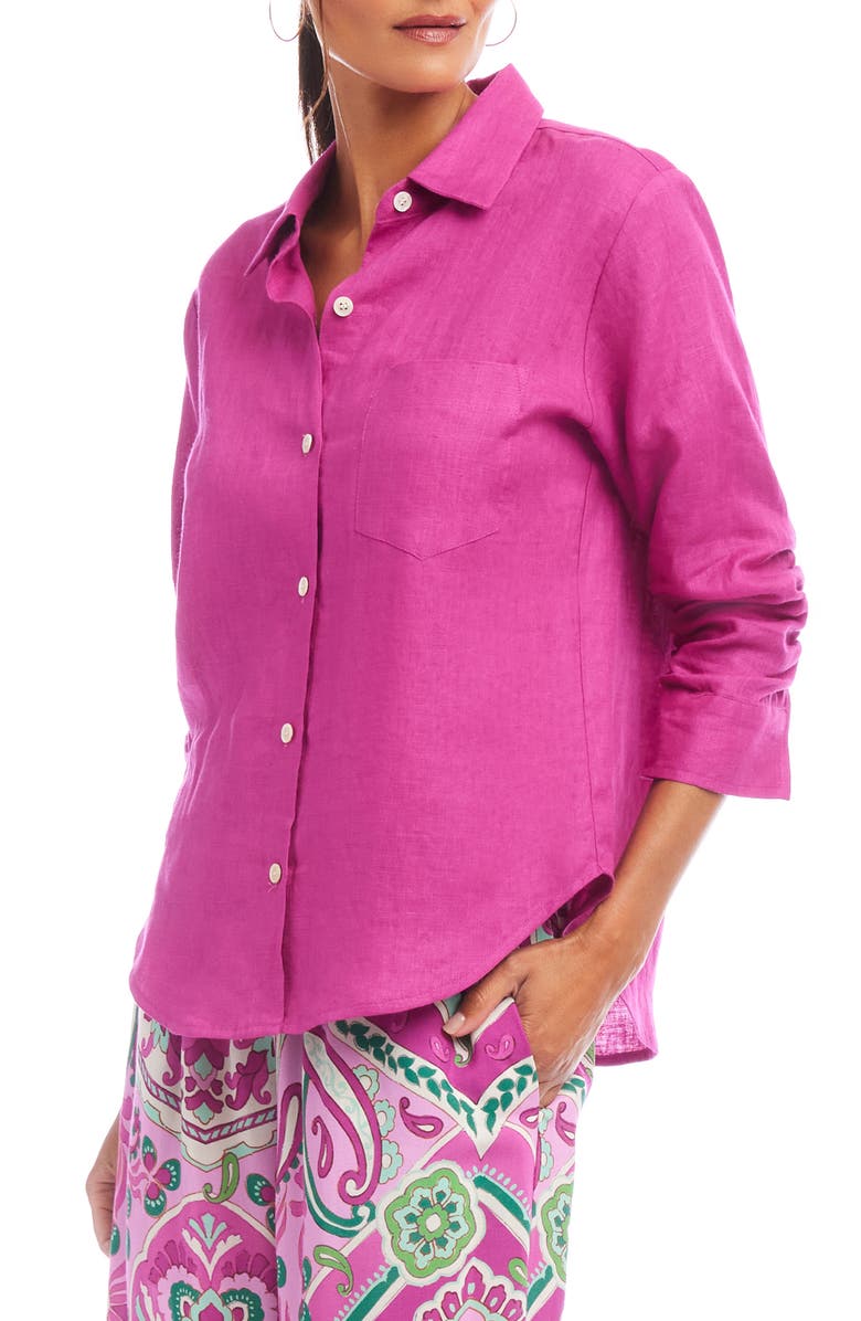 Karen Kane Ruched Sleeve Linen Button-Up Shirt, Alternate, color, Orchid
