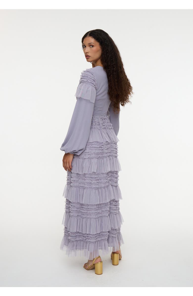 MARYISA Modest Ruffle Dress Maxi With Abstract Print, Alternate, color, 