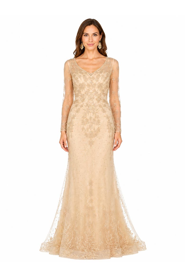 Beaded Faux-Wrap V-Neck Bridal Gown, Main, color, Champagne