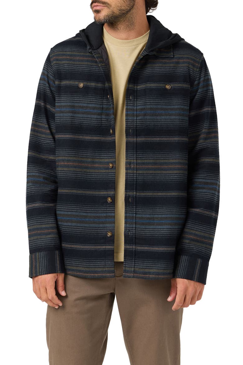 Stripe Hooded Cotton Flannel Shirt Jacket, Main, color, BLACK