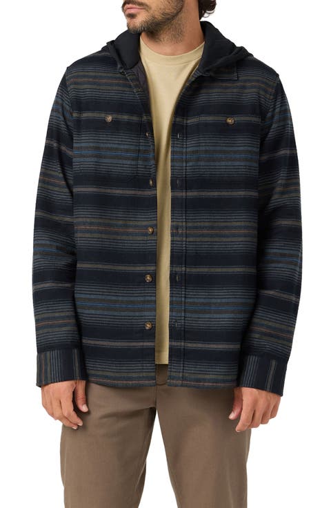 Stripe Hooded Cotton Flannel Shirt Jacket
