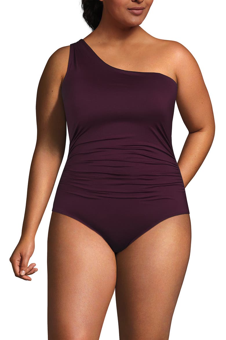 Plus Size Shirred One Shoulder One Piece Swimsuit, Main, color, Dark Wine