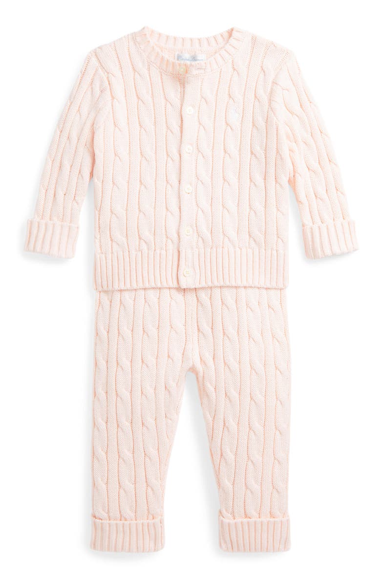 Ralph Lauren Cable Stitch Cotton Cardigan & Sweater Pants Set, Main, color, 