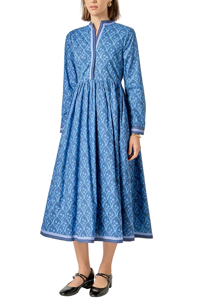 English Factory Stripe Trim Long Sleeve Midi Dress, Alternate, color, Navy