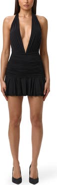 Naked Wardrobe Ruched Plunge Neck Halter Minidress