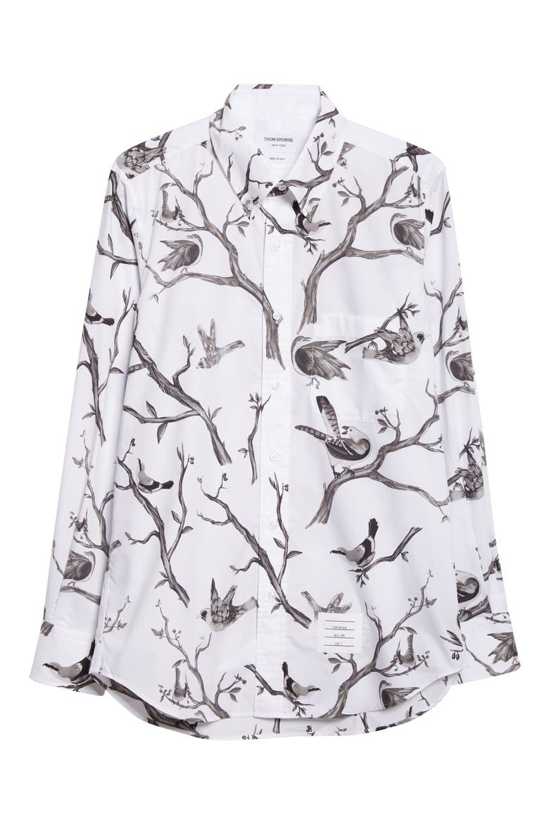 Bird Print Straight Fit Cotton Poplin Button-Down Shirt, Alternate, color, WHITE