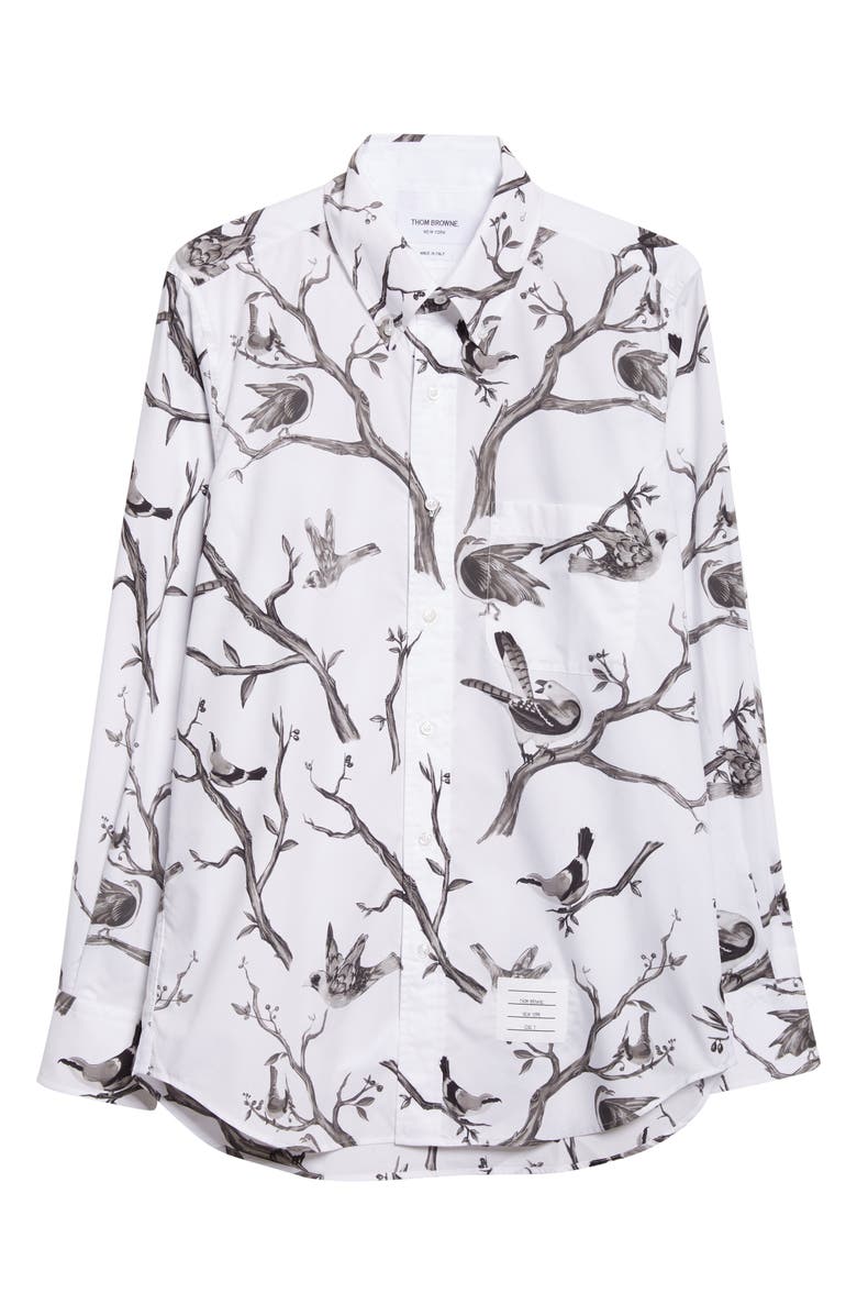 Thom Browne Bird Print Straight Fit Cotton Poplin Button-Down Shirt, Alternate, color, White