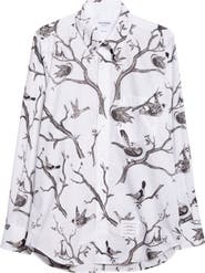 Thom Browne Bird Print Straight Fit Cotton Poplin Button-Down Shirt