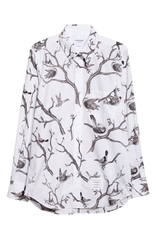 Thom Browne Bird Print Straight Fit Cotton Poplin Button-down Shirt In White