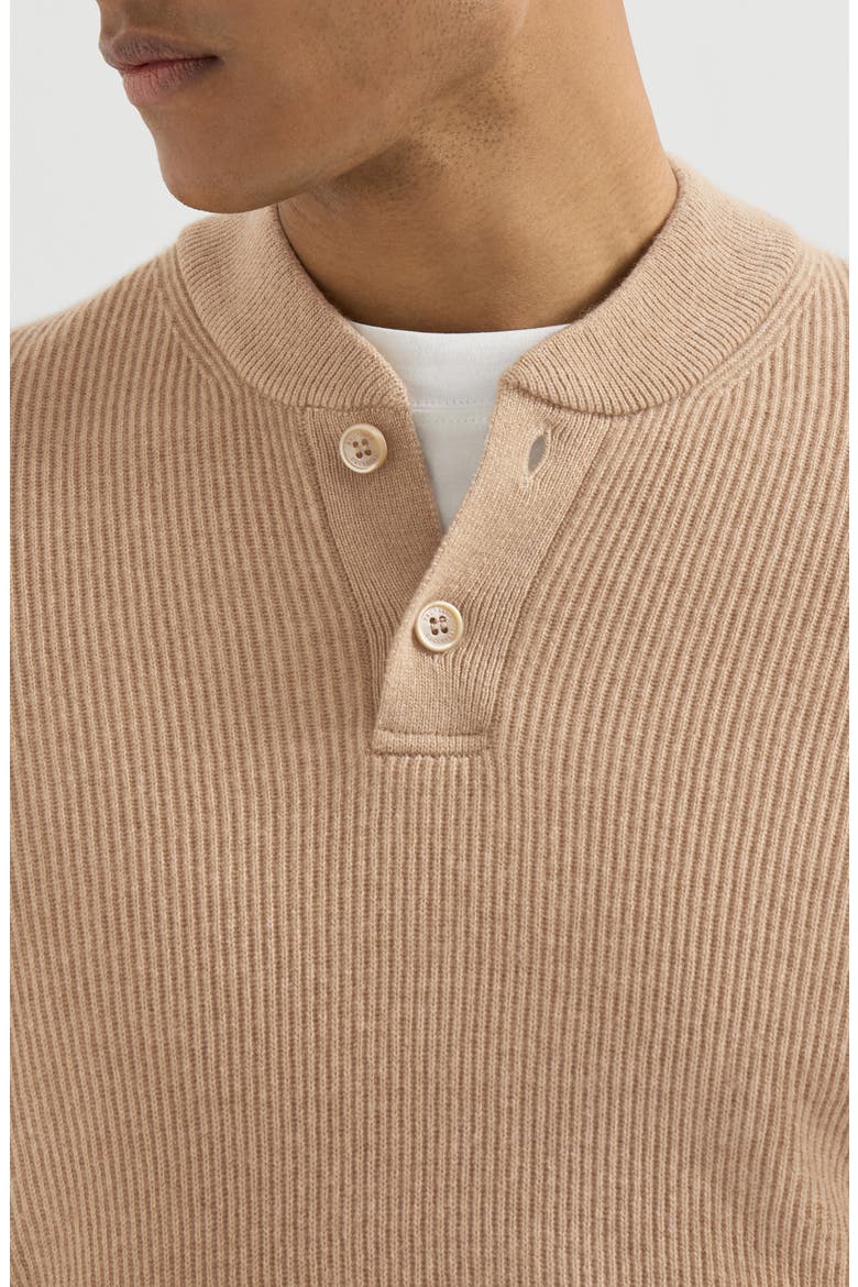 Cashmere English rib sweater with Henley collar, Alternate, color, Camel