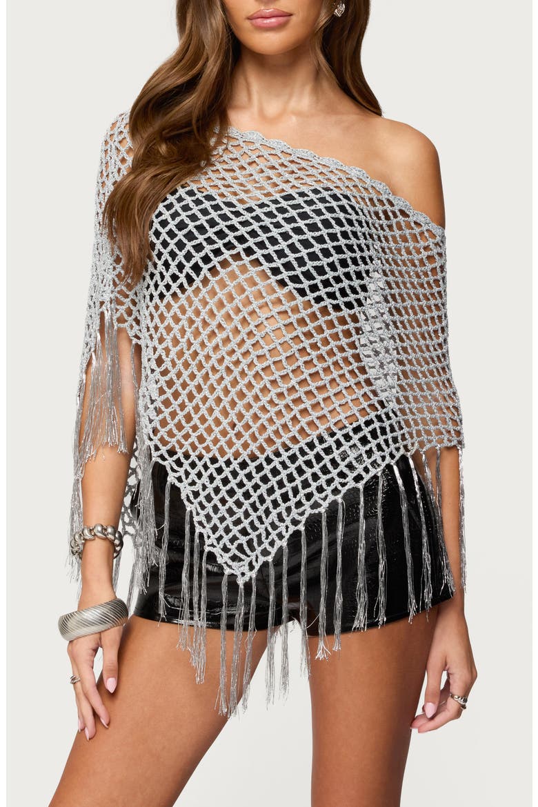 Evette Fringe Metallic Poncho, Main, color, SILVER