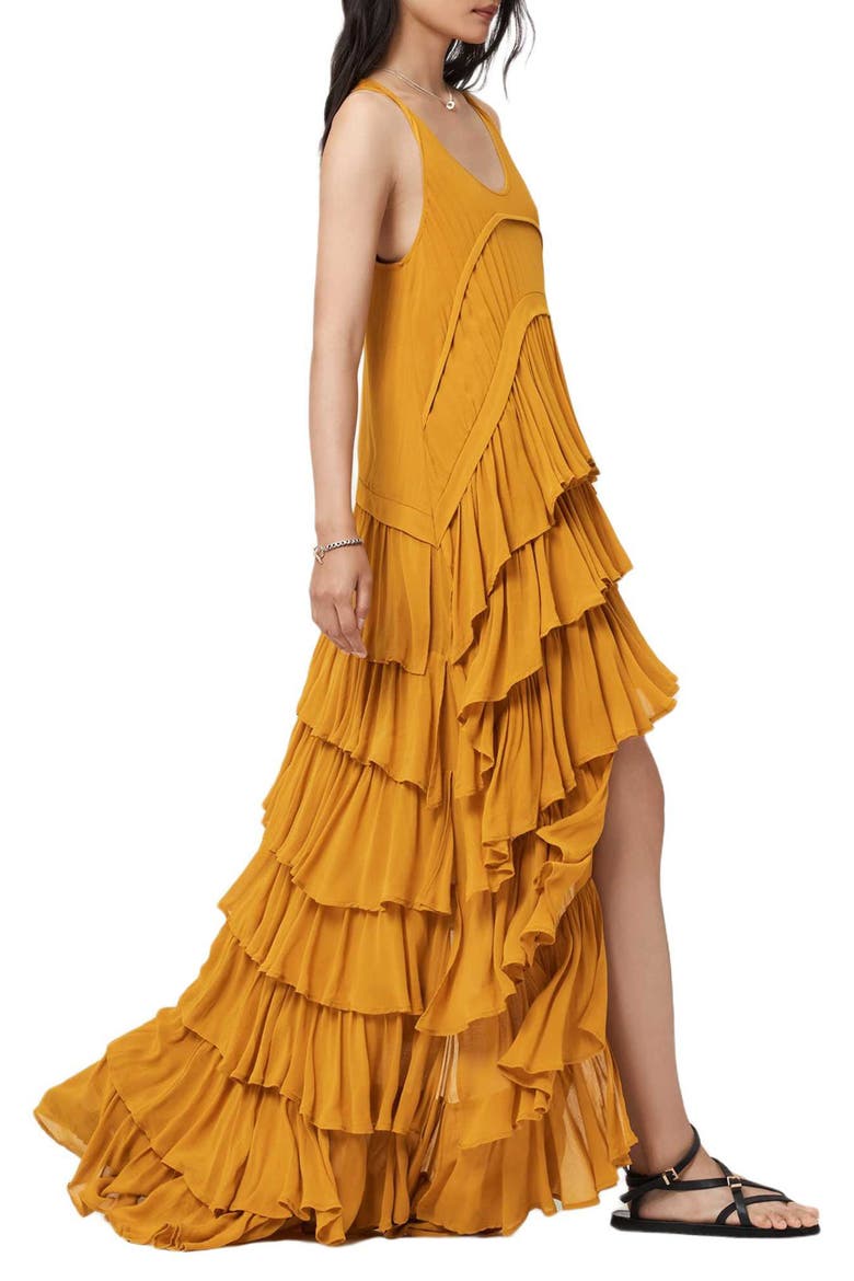 Cavarly Tiered Ruffle High-Low Dress, Alternate, color, OCHRE YELLOW