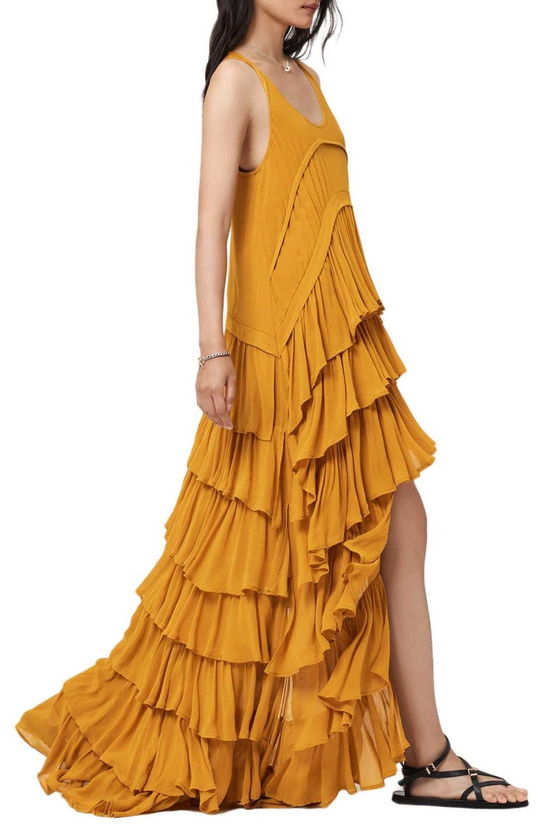 AllSaints Cavarly Tiered Ruffle High-Low Dress, Alternate, color, Ochre Yellow