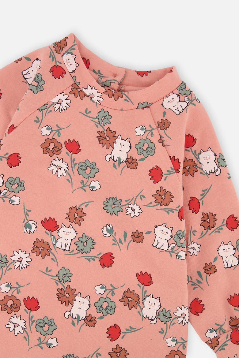 French Terry Cat Raglan Sleeve Curved Hem Dress, Alternate, color, Pink Cat Print