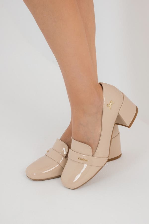 Enchante Block Heel Patent Leather Loafers, Alternate, color, Beige