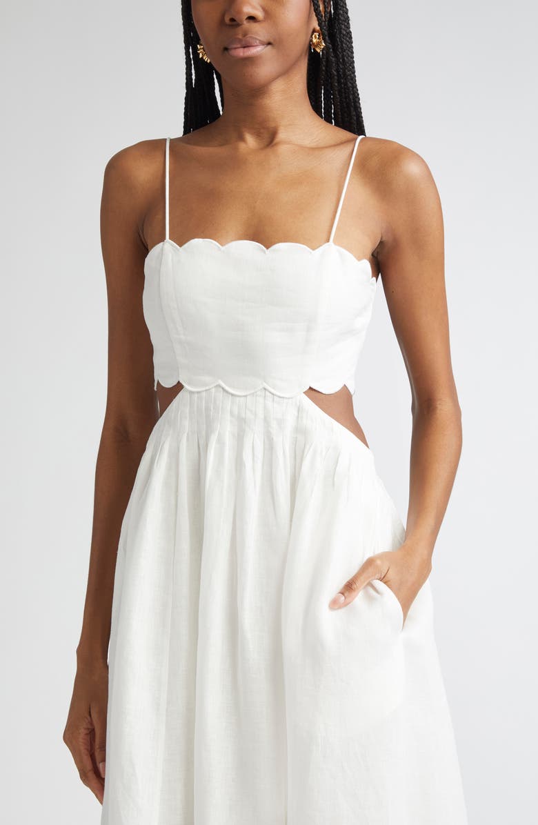Zimmermann Rhiannon Corset Bodice Scallop Linen Midi Sundress, Alternate, color, Ivory