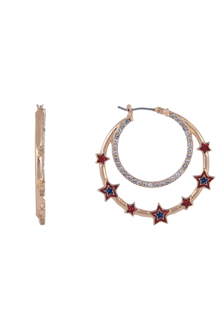 Double Stone Hoop Earrings with Red and Blue Star Accents, Alternate, color, Red