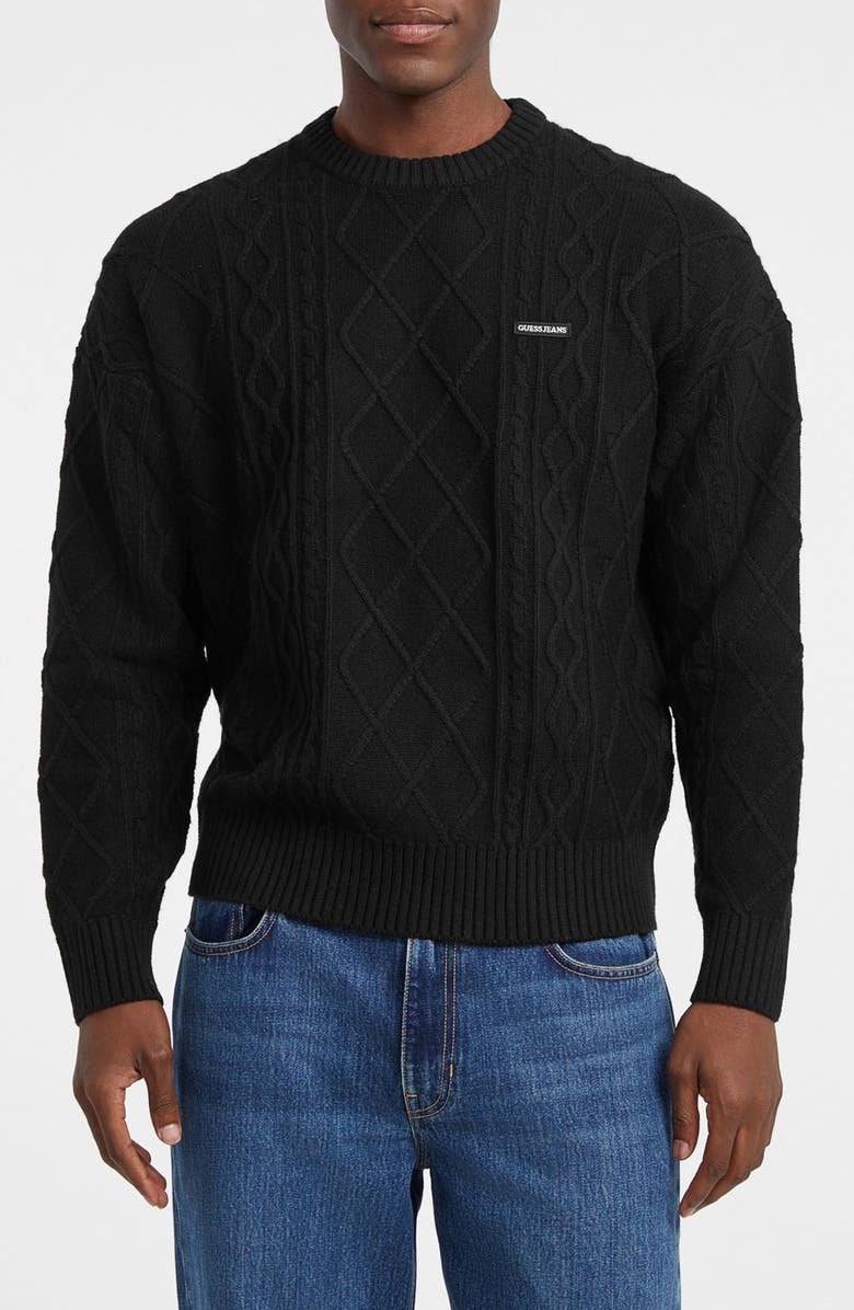 GUESS JEANS Organic Cotton Blend Cable Sweater, Main, color, Black