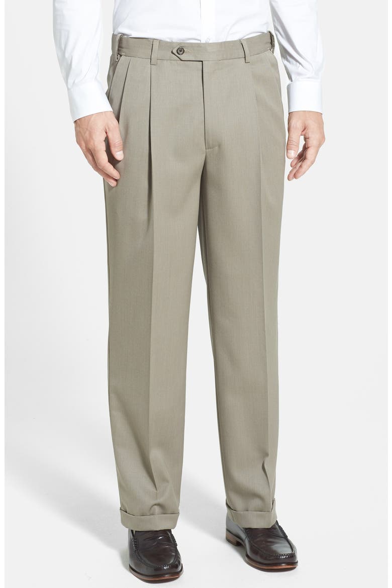 Self Sizer Waist Pleated Classic Fit Wool Gabardine Dress Pants, Main, color, TAN