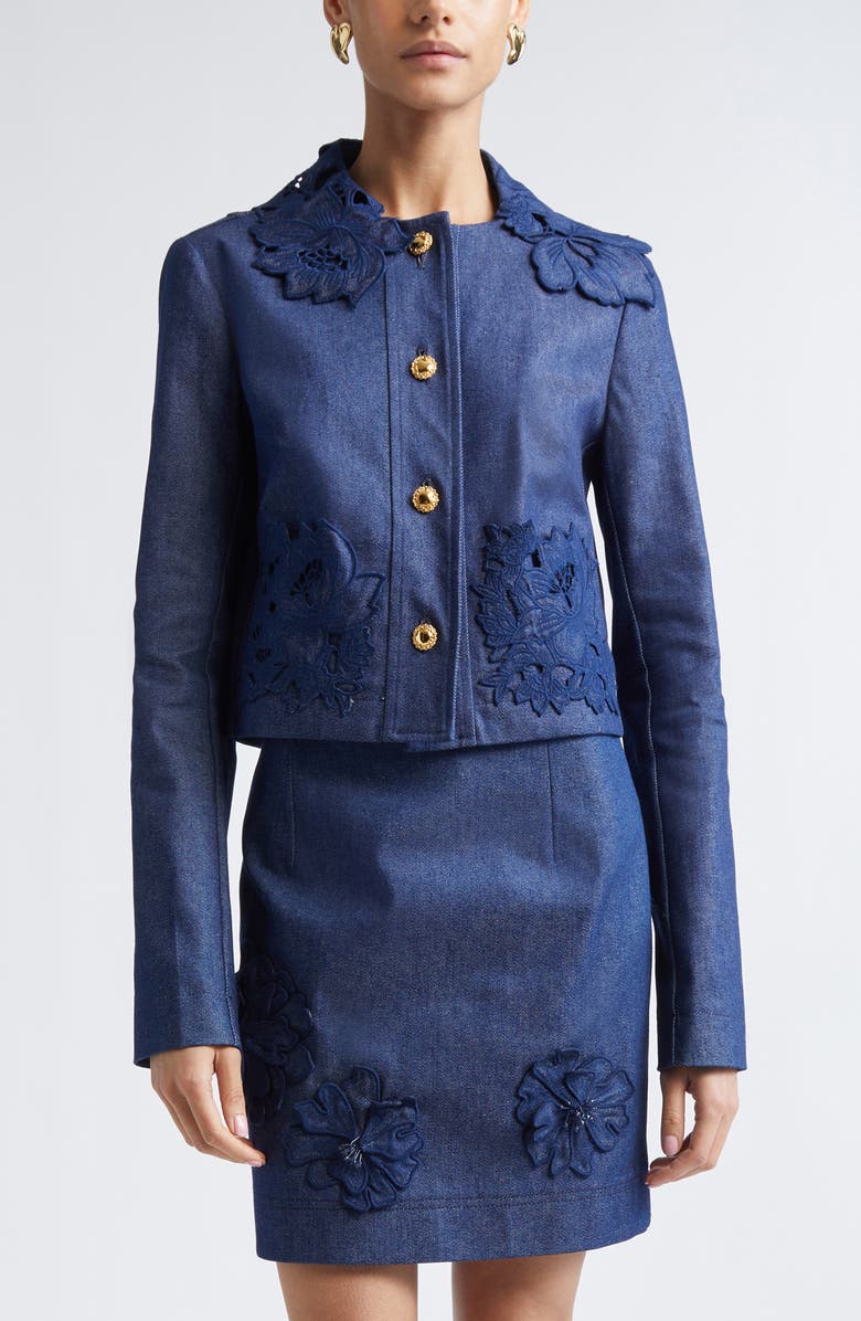 Oscar de la Renta Floral Embroidered Stretch Denim Jacket, Main, color, Dark Denim
