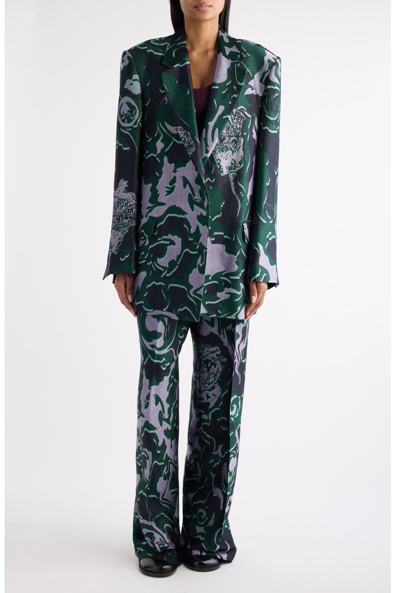Bastis Abstract Floral Jacquard Single Breasted Crepe Blazer, Alternate, color, DARK GREEN